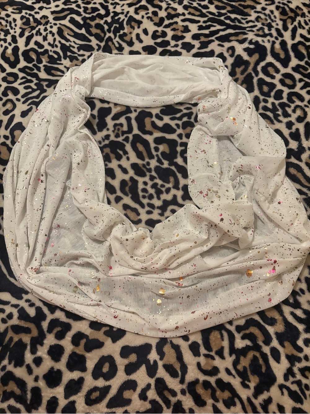 White Sparkle Infinity Scarf with Gold & Pink Accents